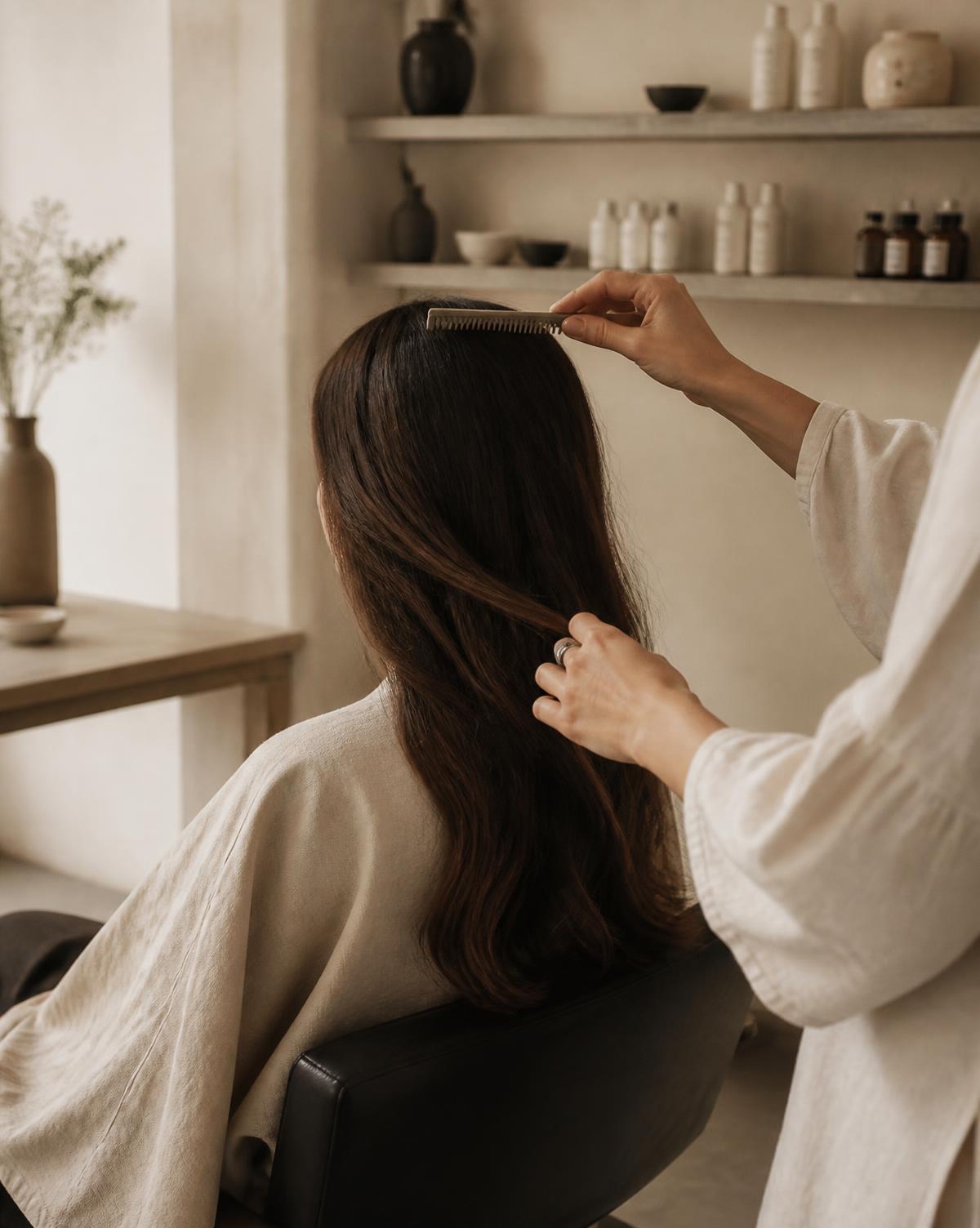 Rebecca styling a client's hair in a calm, light-filled studio