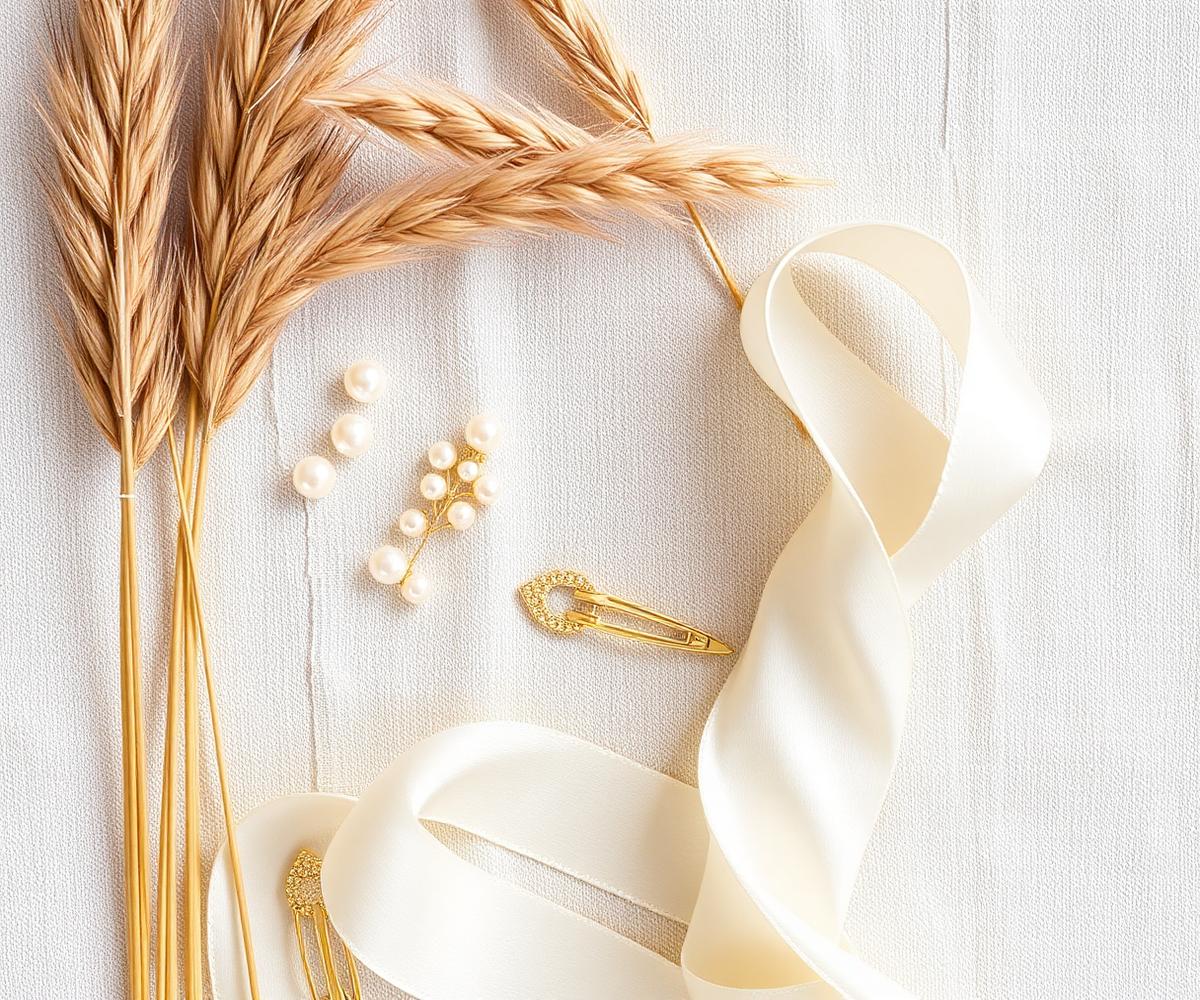 Pearl hairpins, gold clips and silk ribbon arranged on cream linen